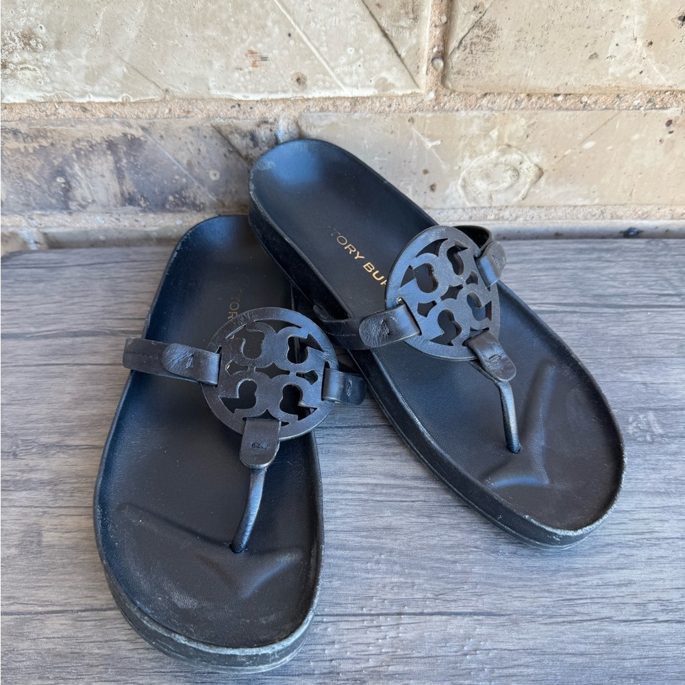 Tory Burch Black Miller Cloud Logo Thong Sandals Size 7.5